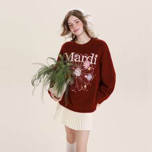 Mardi韩系25秋冬新款保暖圆领毛衣重工立体提花经典雏菊休闲上衣