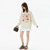 上衣25秋冬新款 Mardi慵懒韩版 针织长袖 圆领花朵晕染印花休闲毛衣