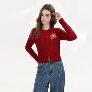 Mardi韩版通勤羊毛混纺设计感针织开衫25秋冬季新款麻花毛衣外套