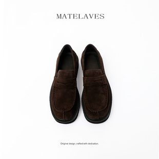 老钱风乐福鞋男款德比鞋增高一脚蹬方头真皮复古反绒透气休闲皮鞋