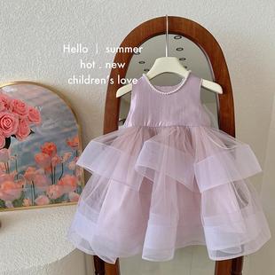 韩国女童连衣裙夏季 超仙s洋气蛋糕公主裙小女孩时髦背心网纱礼服
