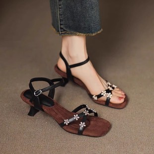 软牛皮手工法式 女夏外z穿踩屎感复古真皮软底不累脚高跟 粗跟凉鞋