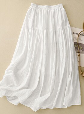 提花棉麻半身裙女2l024新款夏季半截裙亚麻半裙仙气白色裙子a字裙