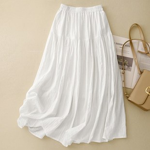 提花棉麻半身裙女2l024新款 半截裙亚麻半裙仙气白色裙子a字裙 夏季