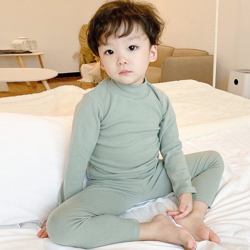 儿童秋衣秋裤半高领内衣套装男童全棉睡衣女宝宝打底保暖加厚秋