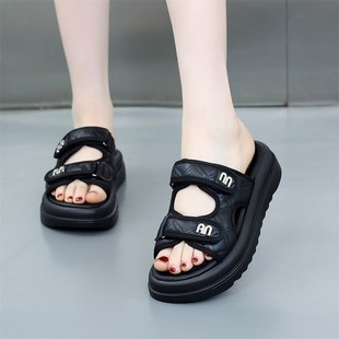 z松糕厚底软底魔术贴配裙子沙滩凉拖 2024新款 外穿一字拖鞋 女夏季