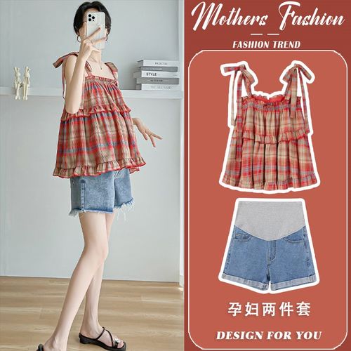 孕妇红色套装夏i2025新款法式覆古格子时尚吊带上衣牛仔短裤两件