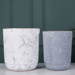 北欧轻奢大理石纹特大p号圆柱竖纹陶瓷花盆40厘米超大口径落地种