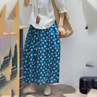 设计感宽松休闲半身裙 新款 日系棉麻蓝c色波点大码 花苞裙2025夏季