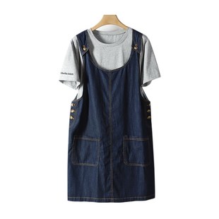 新品 夏季 女折扣886璐 圆领刺绣上衣牛仔背带裙v两件套