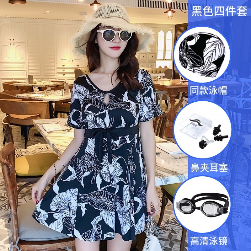 大码女士连体泳衣胖MM遮肚显瘦裙式平角裤保守R印花沙滩泡温泉泳