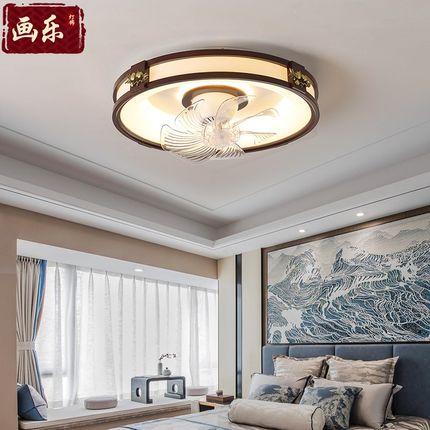 新中式摇头吸顶风扇灯静音电扇灯简约实木LED餐厅卧室书房吸顶灯
