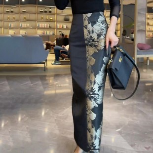 半身 高腰显瘦遮肉时尚 新中式 国风黑色印花开叉裙2u025年春夏新款