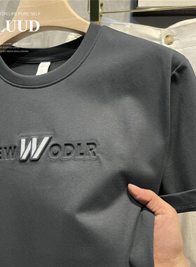 LUUD 男生潮牌个性字母压花工艺T恤夏季舒适棉质休闲纯色短袖衫潮