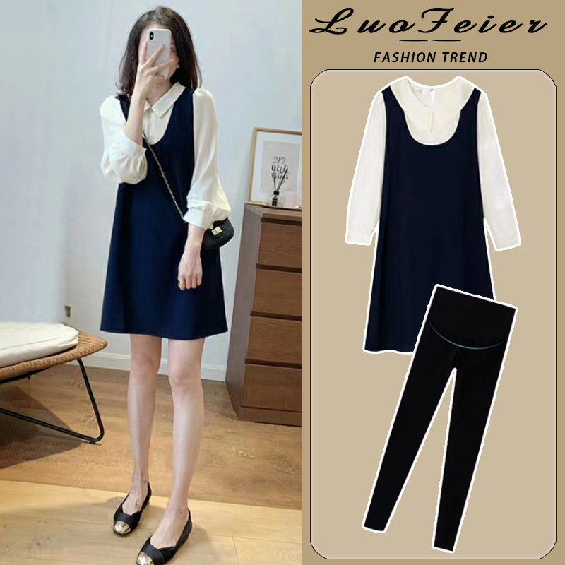 孕妇连衣裙时髦时尚2023新款衬衫领假两件小个子套装外出洋气春秋