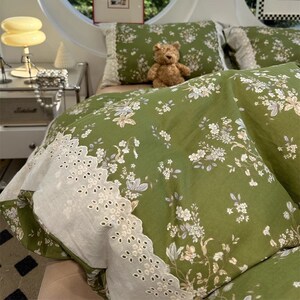梦花谷  A类母婴级文艺少女心双层纱花边绿小碎花纯棉四件套全棉
