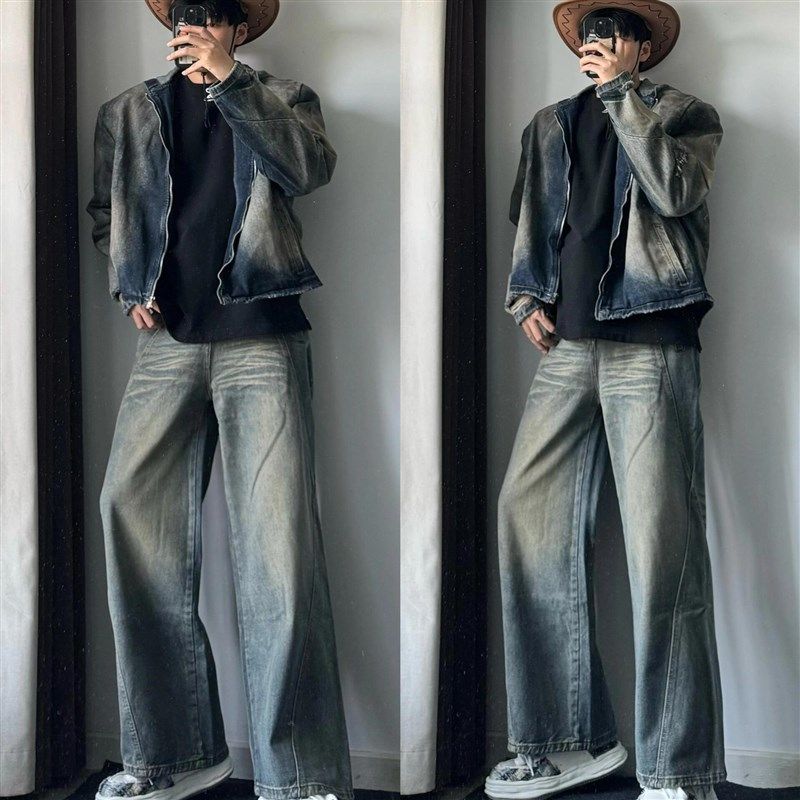 韩版牛仔外套男装高级感穿搭套装一整套衣服工装夹克男搭配休闲裤