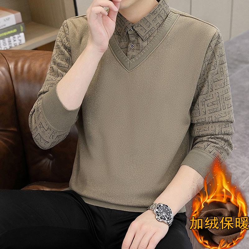 假两件毛衣男士加绒加厚针织衫秋冬季衬衫领毛线衣一体绒打底衫男