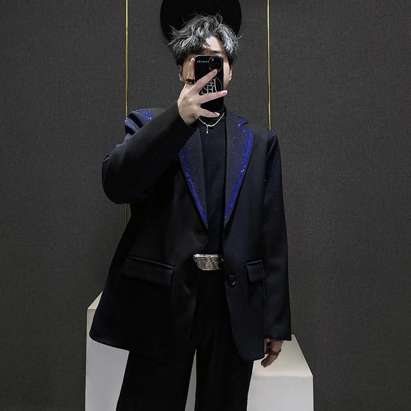 黑色小众设计感烫钻西装外套男秋冬季新款休闲宽松高级轻奢西服潮