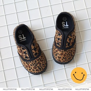 2020新款豹纹儿童帆布鞋一脚蹬懒人鞋宝宝女小童大男童幼儿园单鞋