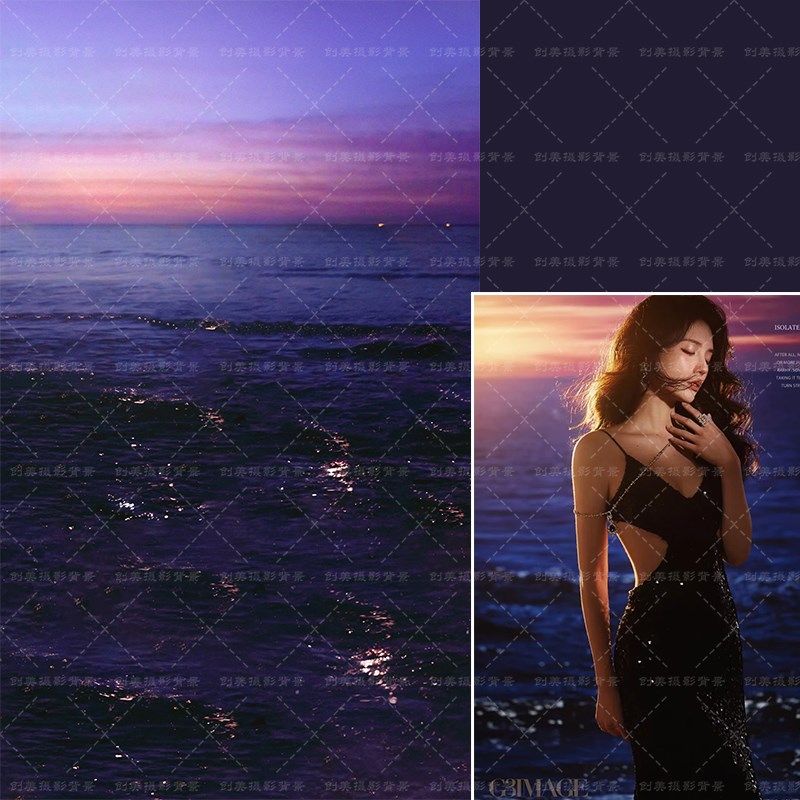影楼沙滩夏季海景夕阳写真背景布室内少女写真大海夜晚拍照背景纸