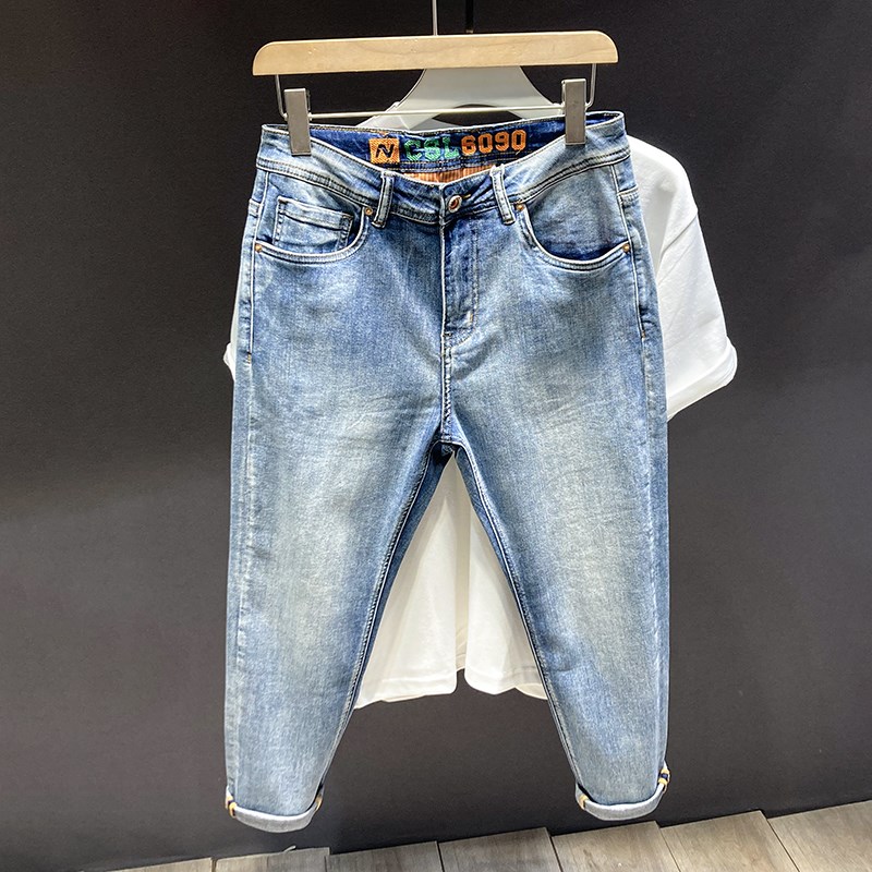 秋冬浅色九分裤牛仔裤男微宽松烟管裤冬季高端潮牌弹力9分裤子男