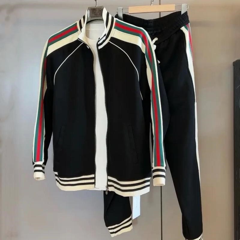 2025春季新款男士休闲运动套装拼色条纹立领卫衣开衫男外套两件套