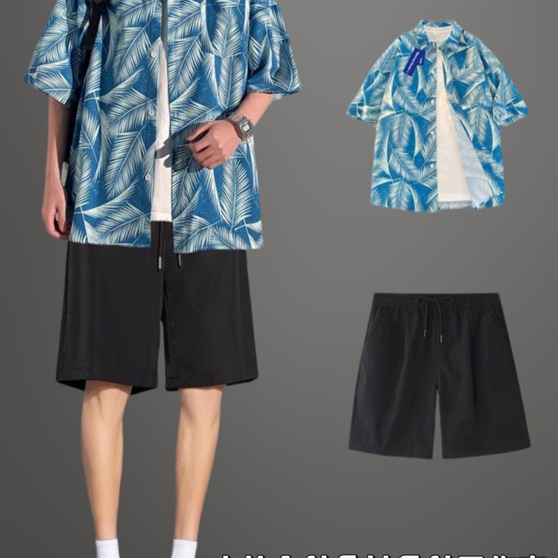 蓝色花衬衫男夏季2024新款薄款潮牌冰丝宽松休闲男生两件套套装