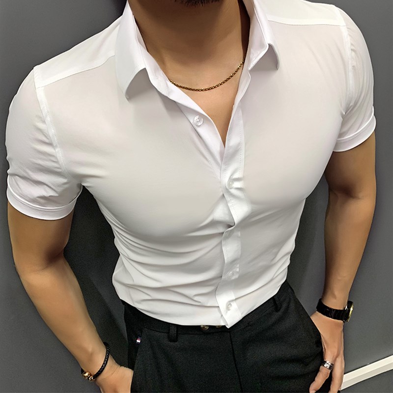 夏季新款短袖衬衫男士高弹力修身韩版职业正装休闲健身免烫衬衣潮