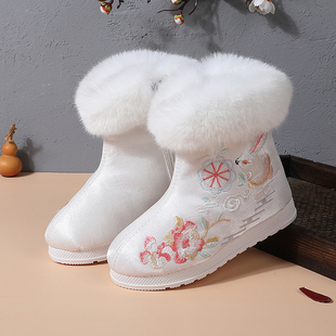 演出古风短靴古装 加绒保暖棉鞋 童靴 女童冬儿童中国风绣花鞋 汉服鞋