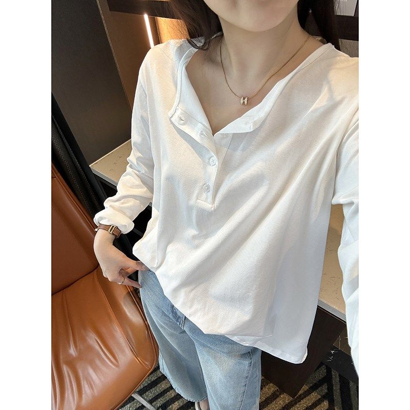 日杂慵懒风~!白色打底长袖T恤女2025新春夏薄款宽松纯棉纽扣上衣