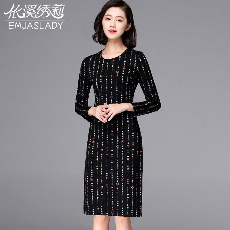 2023秋冬装新款女装大码淑女中老年妈妈装长袖印花修身过膝连衣裙