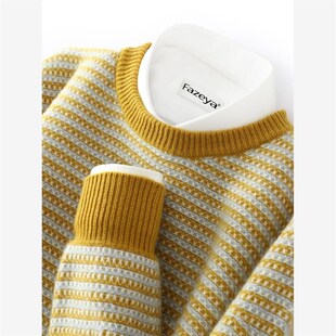 秋冬新款100纯羊毛衫男圆领拼色条纹宽松套头毛衣羊毛针织打底衫