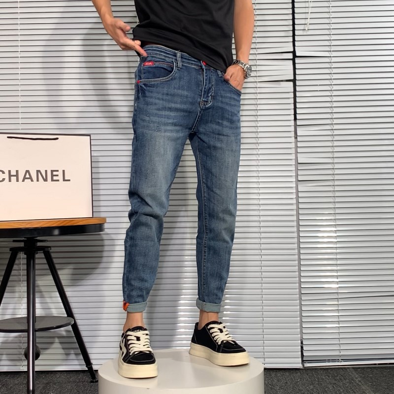 美式复古牛仔裤男夏季新款27码洗水小脚裤显瘦百搭弹力修身九分裤