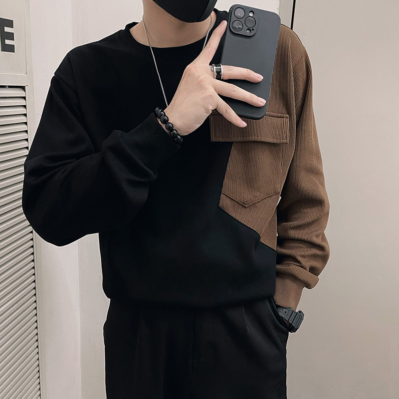 春秋季高级感撞色拼接卫衣男重磅潮牌长袖t恤衫小众打底上衣外套