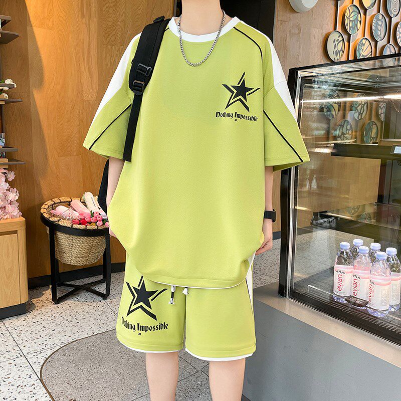 青少年夏季休闲运动套装男孩初中学生潮流帅气胖大童男装短袖t恤