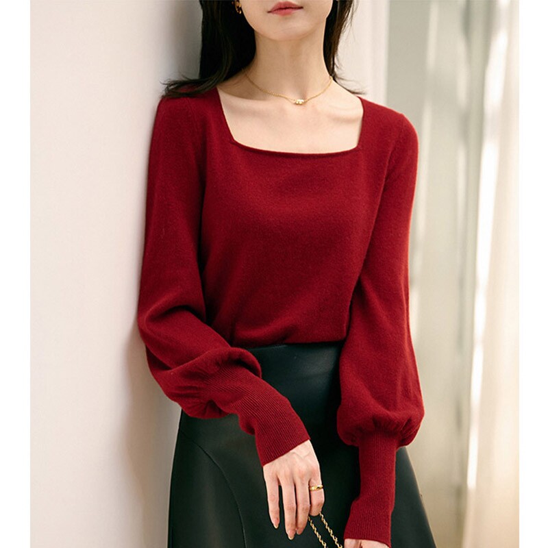 红色灯笼袖针织衫女2024春秋高级感方领短款毛衣内搭女打底衫上衣