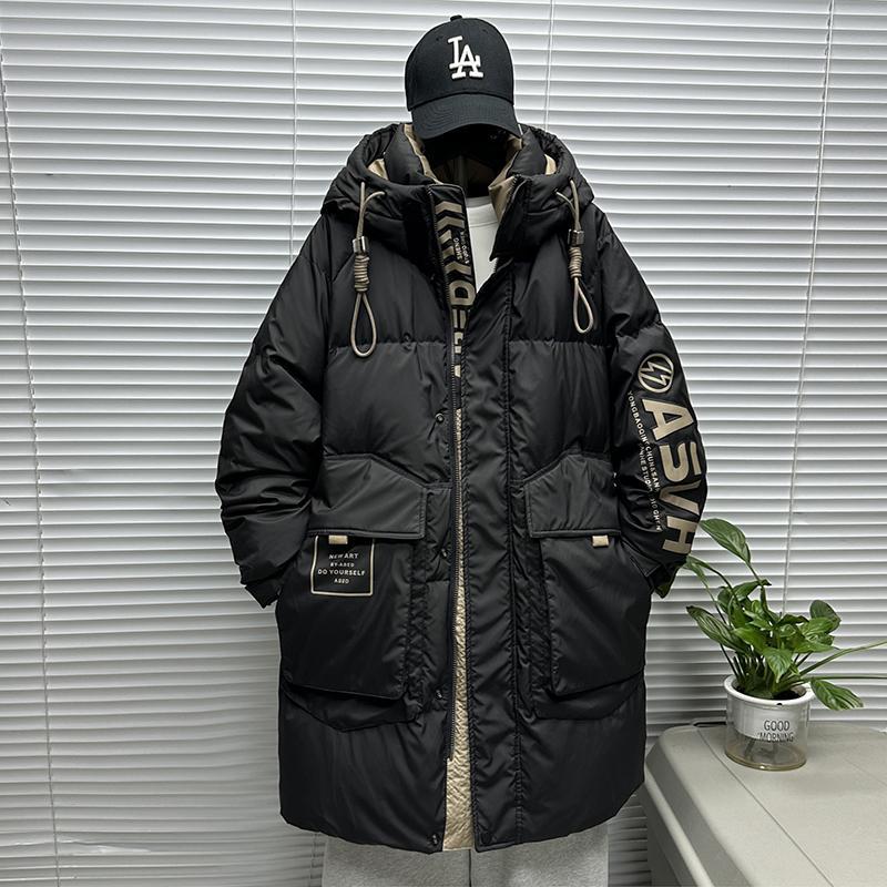 冬季中长版羽绒服男工装休闲连帽防风上衣新款青少年潮流加厚外套