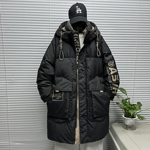 冬季中长版羽绒服男工装休闲连帽防风上衣新款青少年潮流加厚外套