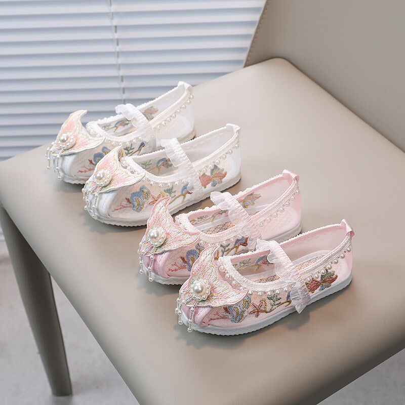 女童汉服鞋儿童古风手工绣花鞋宝宝配马面裙的鞋子古装鞋透气网鞋