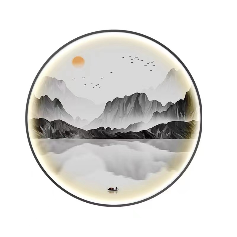 优选式圆形灯画玄关书房背景装饰画水墨风景Q意境山水茶室圆挂.