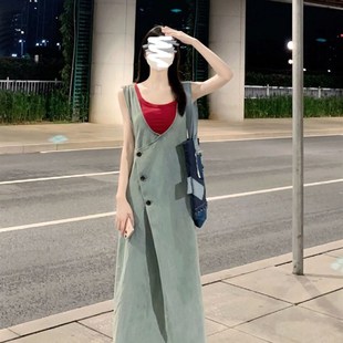 复古做旧水洗牛仔背心连衣裙女夏小个子坎肩A字过膝长裙2025新款