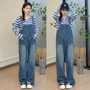 孕妇背带裤春秋长裤小个子休闲牛仔裤条纹上衣减S龄套装阔腿裤春