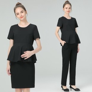 孕妇装夏季孕妇短袖套装上t衣裤子包裙通勤职业纯色孕期黑色两件