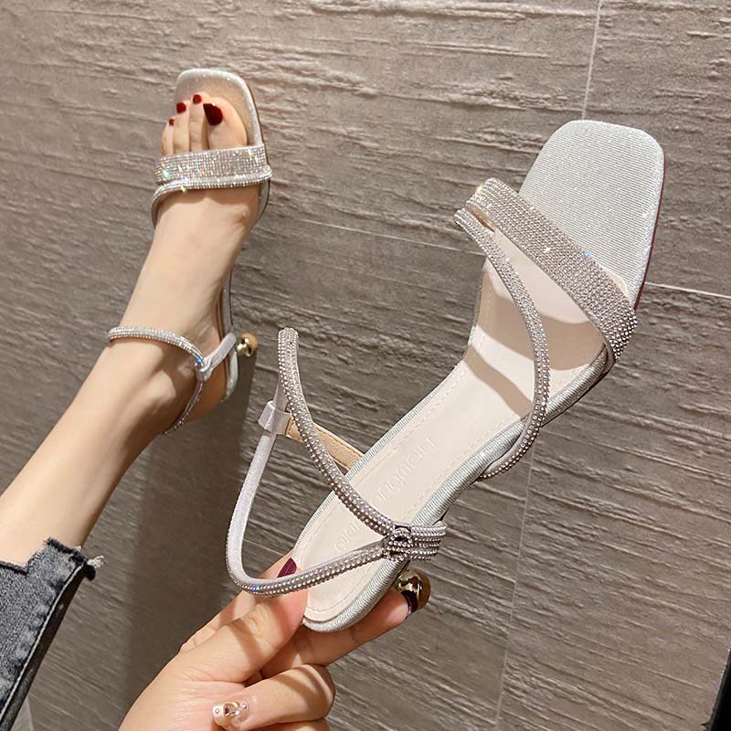 一字带方头凉鞋2024年新款低跟仙女配裙子水钻法T式小高跟鞋女细