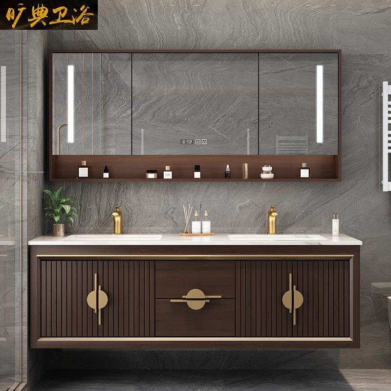 现代简约新中式岩板双盆浴室柜组合柜橡木实木洗漱台洗脸盆柜组合,家装主材,浴室柜组合,淘宝优惠券,粉丝福利购,淘宝优惠卷
