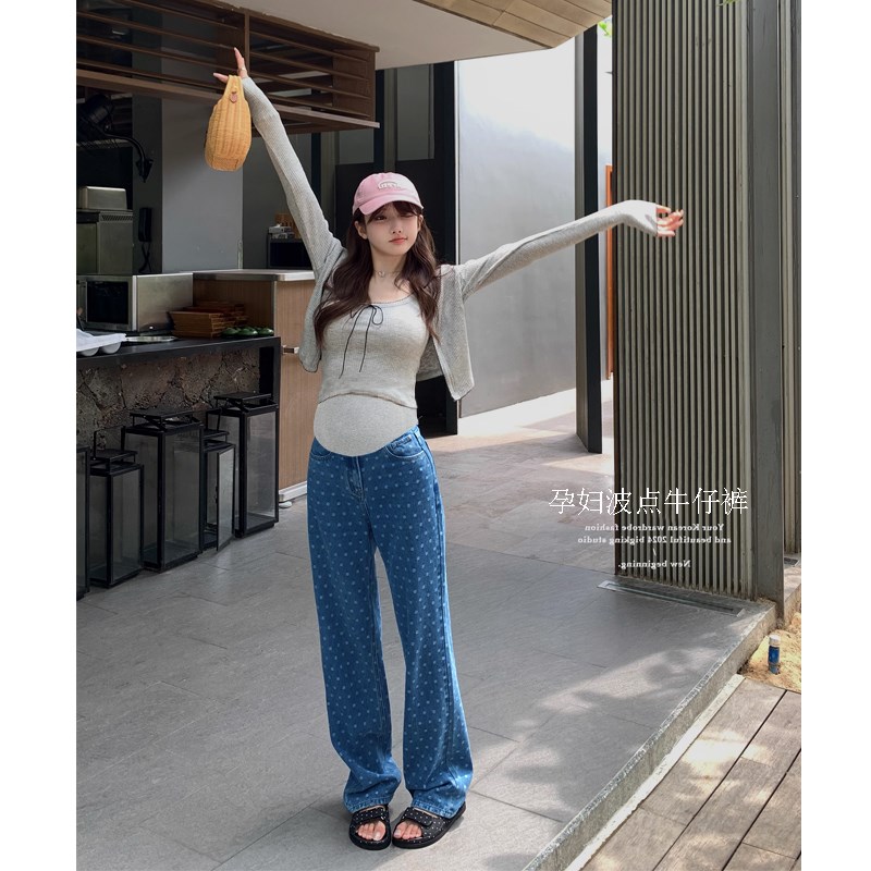 孕妇牛仔裤春秋薄款宽松阔腿裤z百搭显瘦时尚波点窄版直筒托腹裤