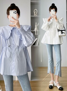 孕妇装春夏季2025新款蓝色衬衫上衣宽松大码P职业白色衬衣遮肚子