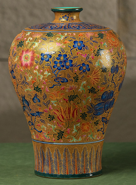 清代多釉彩刻瓷描金花卉纹梅w瓶文玩古董瓷器收藏书房装饰摆件赏