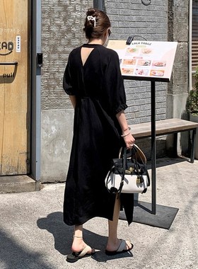 L115好品质韩国女装优雅设计感五分袖麻棉连衣裙中长夏季